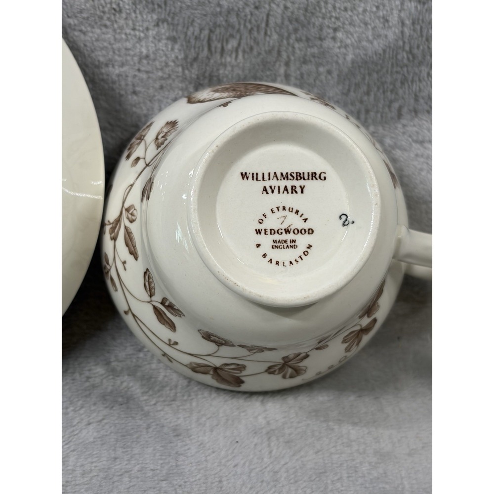 Wedgwood Williamsburg Aviary‎ Teacup Saucer Set Ivory Brown Birds England - Picture 9 of 14